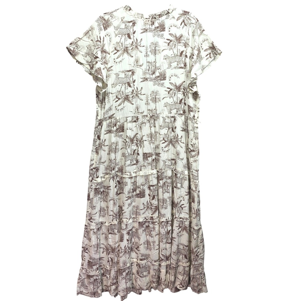 Cloth and Portrait Safari Toile Maxi Dress Sz XL Cream Leopard Tiered Jungle - Picture 2 of 12